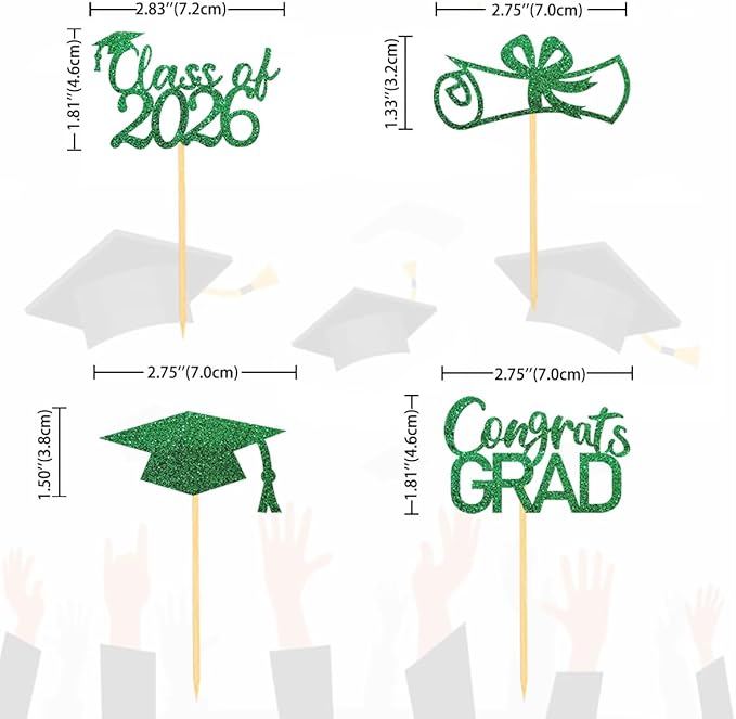 2026 Graduation Theme Cupcake Toppers Glitter Class of 2025 Graduation Cap Diploma Cupcake Picks - Set of 24 (Green2)