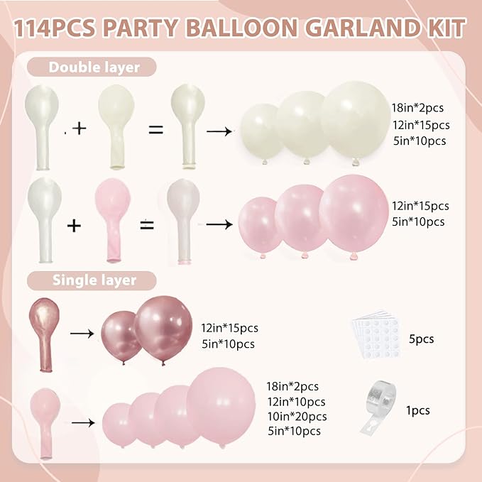 Pink and White Balloons Arch Kit,Double Stuffed Pearl Light Pink Metallic Pink Balloon Sand White Beige Ivory Balloons Garland Kit for Birthday Wedding Valentine's Day Bridal Shower Party Decoration