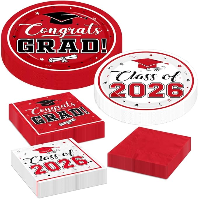 Graduation Party Plates and Napkins Red Class of 2026 Grad Congrats Party Supplies Disposable Dessert Paper Plates Cocktail Napkins forGraduation Party Decorations,Serve 50