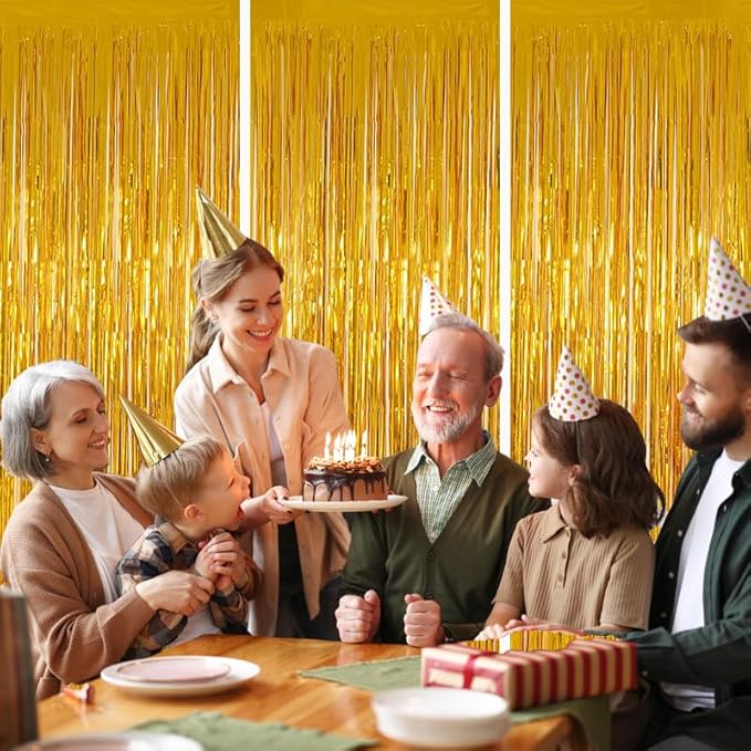 Valentines Day 3 Pack 3.3 * 8.3 ft Foil Curtain Metallic Tinsel Fringe Curtains Photo Booth Props Backdrop for Birthday Wedding Engagement Baby Shower Christmas Holiday Celebration Partyl,Gold