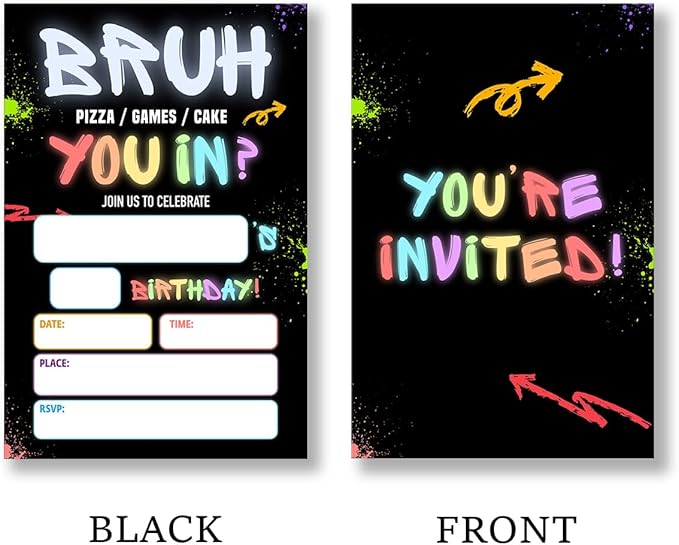 Boy Games Birthday Party Invitation Supplies with Envelopes Set of 20 Bruh Birthday Invitation Fill in Blank, Double Sided
