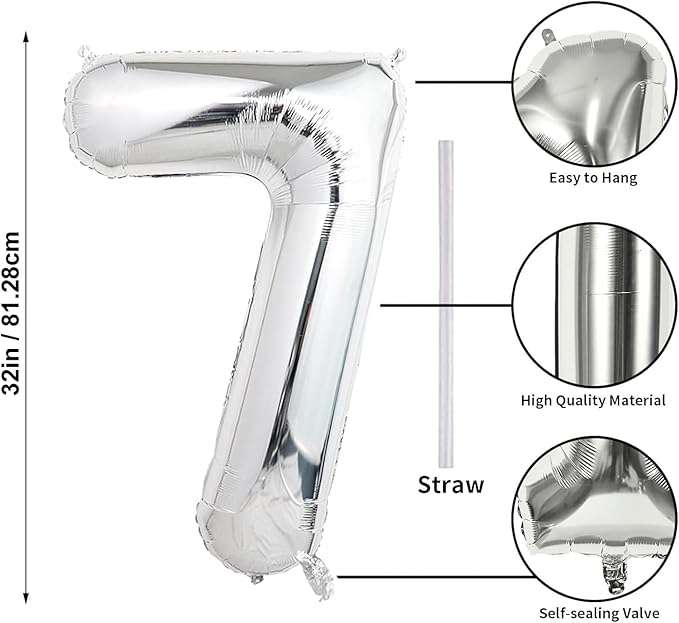 32 In Silver Large Numbers Balloons 0-9, Self Inflating Number 7 Balloons for Boys Girls, Big Silver Digit 7 Balloons for Women Men Birthday Party Anniversary Wedding Supplies Decorations