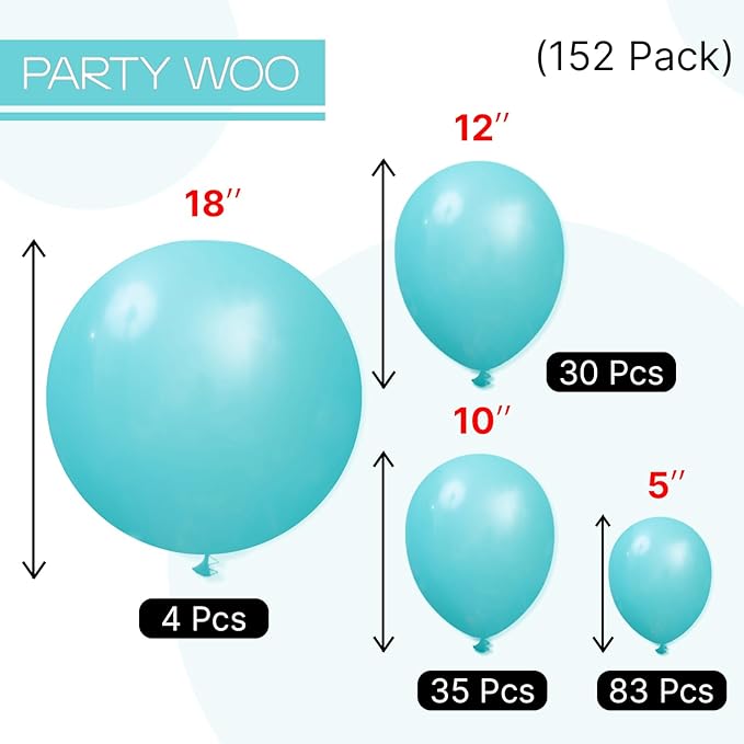 PartyWoo Teal Balloons 152pcs Different Sizes Pack of 18 12 10 5 Inch Turquoise Dark Teal Balloon Arch Kit for Baby Shower Gender Reveal Graduation Mermaid Birthday Pool Party Decorations Blue-Y69