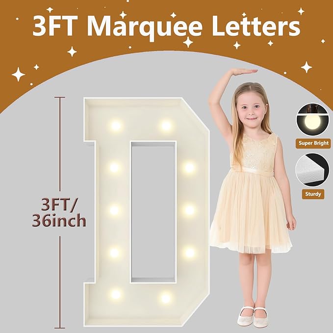 3FT Marquee Light Up Letters, Large Marquee Letters, Pre-cut Foam Board Letter D for Engagement Wedding Decorations Birthday Party Backdrop Decor, Balloon Arch Kit