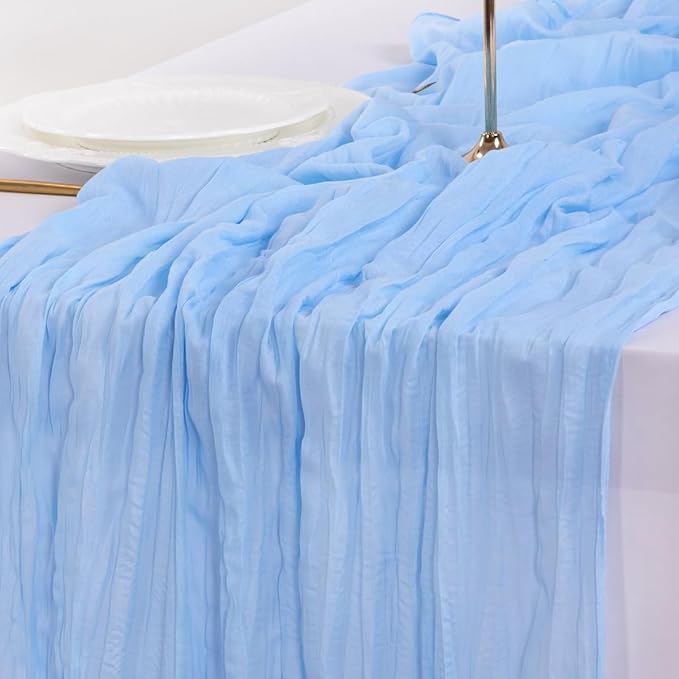 Socomi 3pcs Light Blue Cheesecloth Table Runner Easter Spring Boho Rustic Gauze 120 inch 10FT Cheese Cloth Runner for Wedding Party Baby Shower Birthday Home Decor Holiday Decorations
