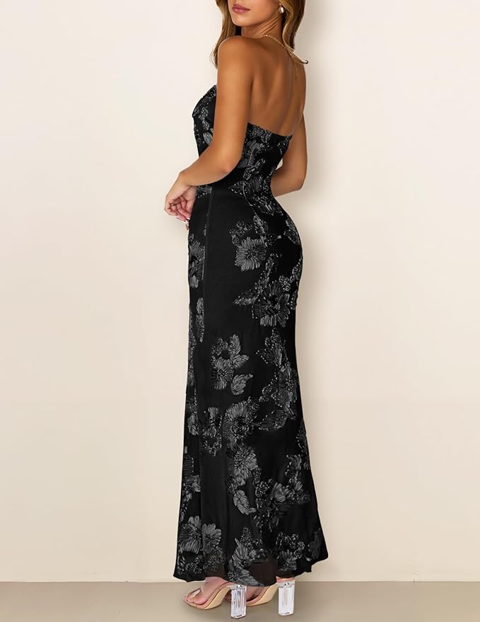 MEROKEETY Women's Floral Strapless Maxi Dress 2026 Summer Mesh Tube Bodycon Formal Wedding Guest Cocktail Party Long Dresses