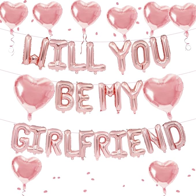 2 Set 16 Inch Rose Gold 'Will You Be My Girlfriend' Balloons Banner with 6 Heart Shaped Balloons for Romantic Decorations, Engagements, Anniversaries, Valentines Day Decor