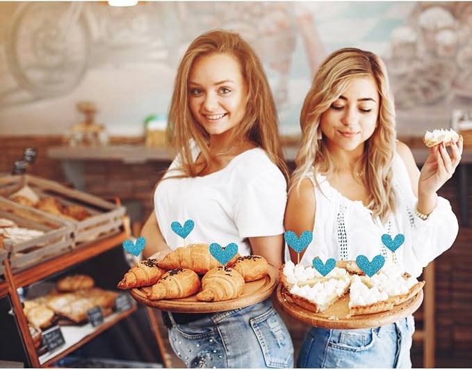 24Pcs Glitter Heart Cupcake Toppers for Valentine's Day Decorations, Mixed Size Double-Sided Heart Valentine's Day Cupcake Toppers for Wedding Bridal Shower Party Decorations (Blue)