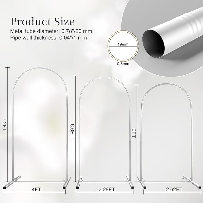 Metal Arch Backdrop Stand Set of 3, Heavy-Duty Balloons Arch Frame for Wedding Ceremony, Party, Baby Shower, Birthday Decorations (White, 7.2ft+6.6ft+6ft)