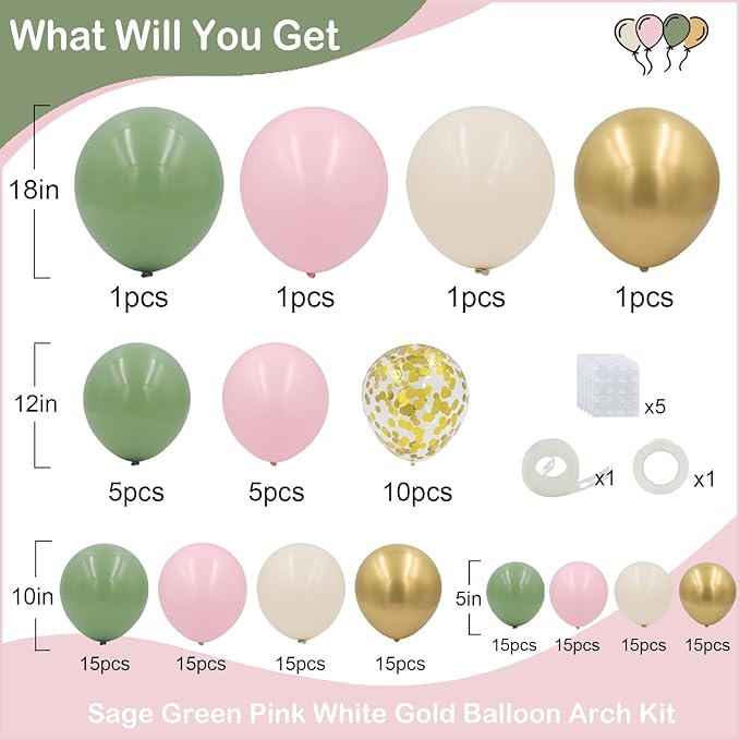 Sage Green Pink Balloon Arch Kit-144pcs Sage Green Pastel Pink Sand White Chrome Gold and Confetti Latex Balloon Garland for Girl Baby Shower Wedding Birthday Jungle Safari Woodland Party Decorations