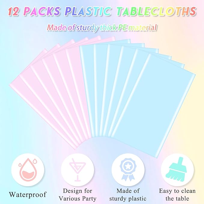 Mwellewm 12 Packs Gender Reveal Table Cloths, Disposable Plastic Pink and Blue Tablecloth Rectangle Pastel Table Covers Decoration for Boy or Girl Baby Shower Birthday Party Unicorn Princess Ice Cream