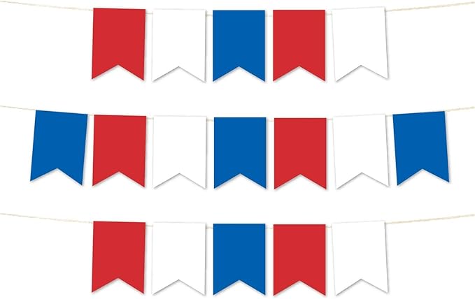 Andaz Press Hanging Pennant Banner with String, Red, White, Royal Blue, 1-Set, 24 Pennants, Approx. 12-Feet Long, 4th of July Theme Colored Supplies