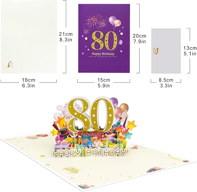 80 Years 0ld Firework Pop Up Happy Birthday Greeting Card, ideal love Gift for Adult and Kid with Blank Note & Envelope, Foldable Celebration for Daughter, Son, Mom, Dad, Friend, Children