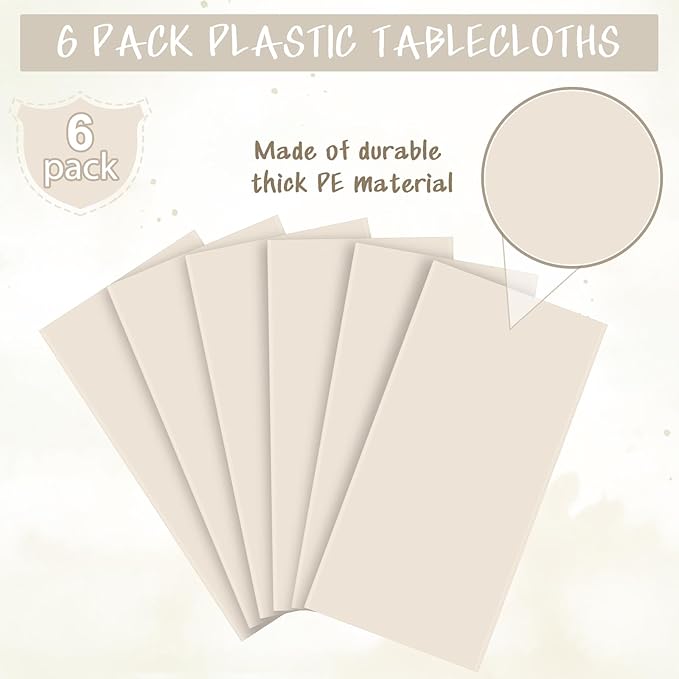 6Pcs Beige Tablecloths for Rectangle Tables,Disposable Plastic Ivory Table Cloth,Waterproof Cream Table Cover for Birthdays Weddings Anniversary Party Decorations,54 x 108 Inch
