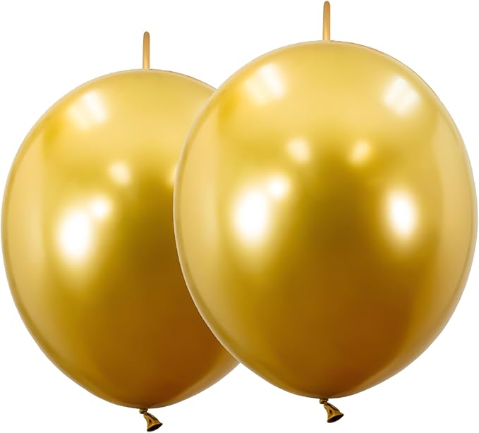 Link Balloons 12 Inch - 100 Pcs Quick Link Balloon Latex Linking Balloons Connected Linkable Balloon Birthday Wedding Party Decorations(Gold)
