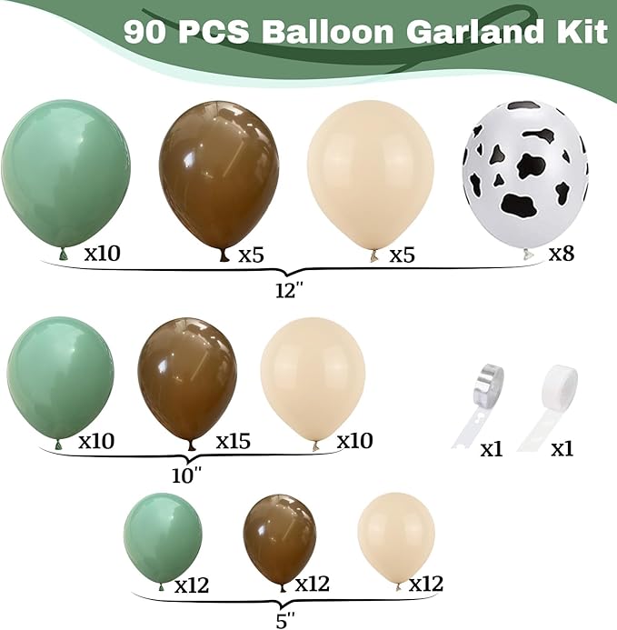 Green and Brown Balloon Arch Garland Kit, Cow Print Balloon Arch Kit Western Retro Olive Sage Green Coffee Brown Beige White Sand Latex Balloons for Cowboy Farm Cowgirl Rodeo Birthday Decor