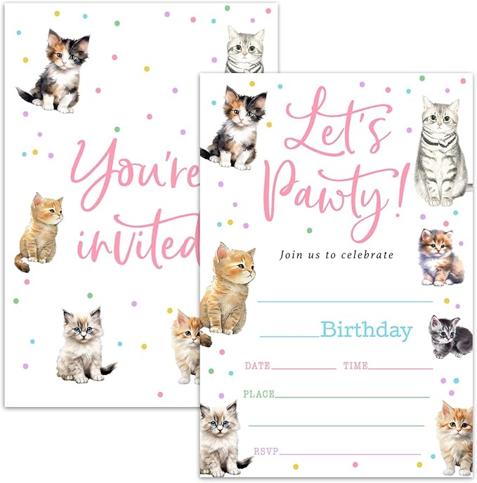 Cat Birthday Party Invitation Cards For Girls Boys Kids, Let's Pawty Birthday Party Supplies Favors, 20 Fill-In Invitation Cards with Envelopes -20