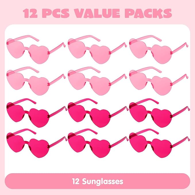 JOYIN 12 Packs Valentine's Day Plum Pink and Rose Red Heart Shaped Sunglasses, Classroom Exchange Gift for Kids, Classroom Holiday Prizes, Sunglasses for Women and Girl