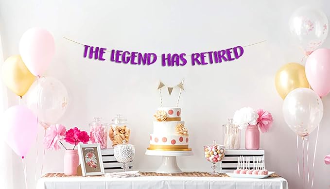 Pre-Strung The Legend Has Retired Purple Glitter Banner - Funny Retirement Decorations for Men and Women - Retirement Party Supplies and Gifts