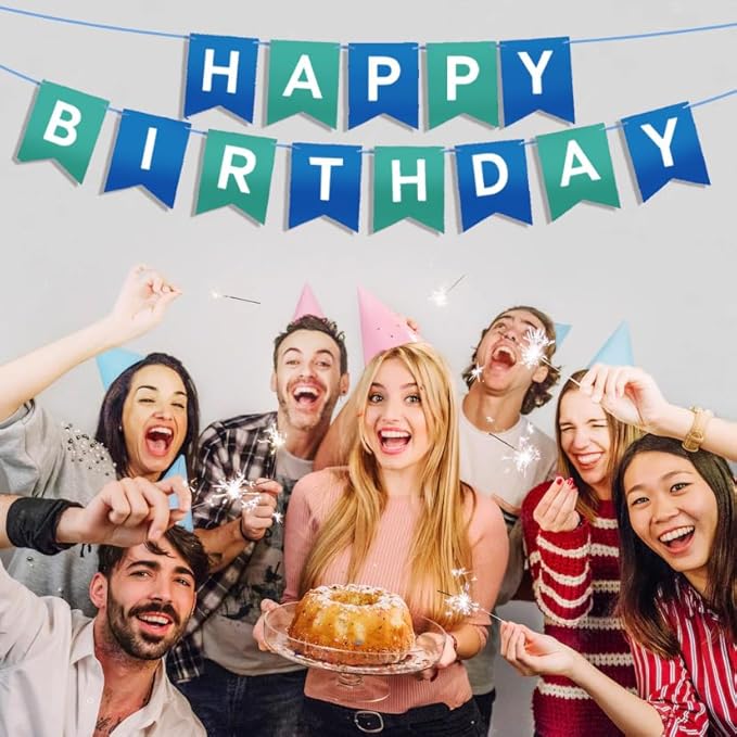 Happy Birthday Banner - Vibrant Happy Birthday Decorations & Sign, 250g Cardstock with 5m String, Perfect Party Decor for Kids, Men, Women & Celebrations, Blue & Green