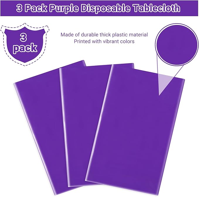 MRJ Purple Tablecloth 3 Pack Plastic Table Cloth 54 x 108 Inch Disposable Decorative Party Holiday Birthday Tablecloths for Rectangle Tables
