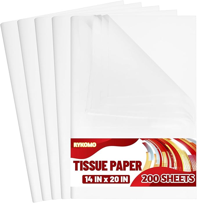 RYKOMO 200 Sheets White Tissue Paper for Gift Bags 14 x 20 Inches Acid Free Tissue Paper for Storage, Packaging, New Year, Festival Mother's Day Gift, Wedding, Birthday and Flower Decoration