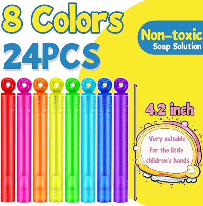 24 Pack Bubble Party Favors for Kids, Goodie Gift Bag Stuffer Fillers for Kids, 8 Colors Mini Bubble Wands Birthday Summer Beach Pool Toys for Boys Girls, Classroom Prizes Treats for Toddlers