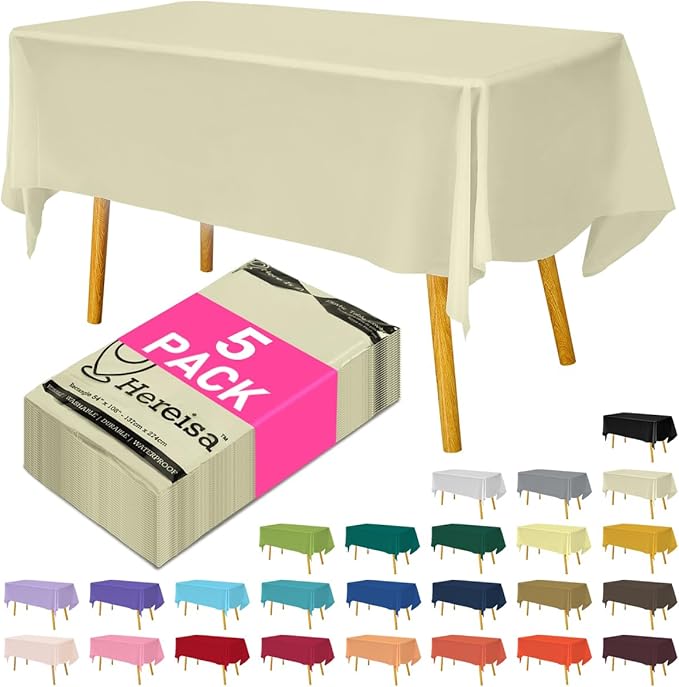 Disposable Plastic Tablecloth Ivory 54x108 Inch, 5-Pack Waterproof Rectangular Table Cover for Parties, Picnics, Dining Protection