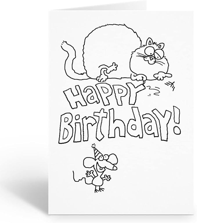 Stonehouse Collection | Happy Birthday Kid Set of Coloring Greeting Cards | 12 Cat and Mouse Color Card and Envelopes (Cat)