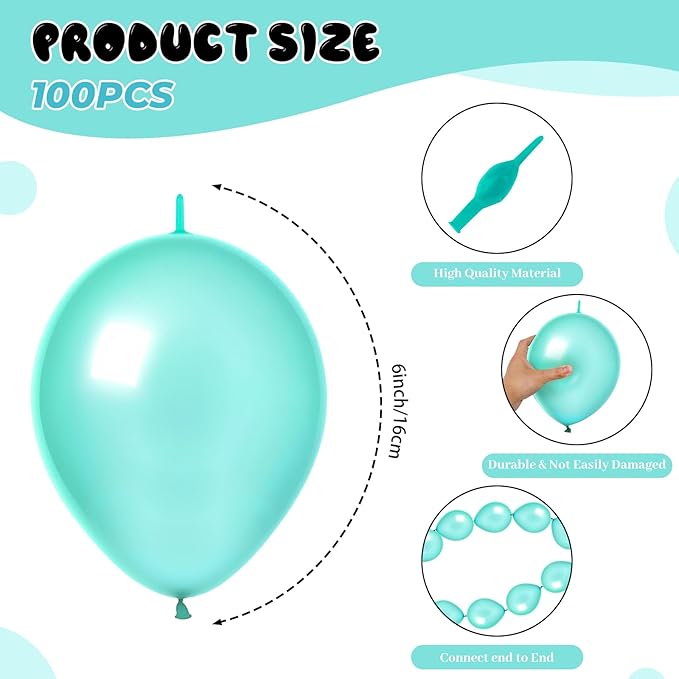 Link Balloons 6 Inch - 100 Pcs Quick Link Balloon Latex Linking Balloons Connected Linkable Balloon Birthday Wedding Party Decorations(T Blue)
