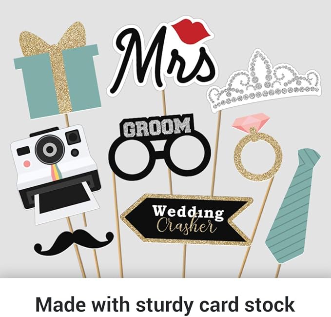 Fully Assembled Wedding Photo Booth Props - Set of 40 - Gold, Pink, Teal, & Silver Selfie Signs - Wedding Party Supplies & Decorations - Cute Designs with Real Glitter - Did We Mention No DIY