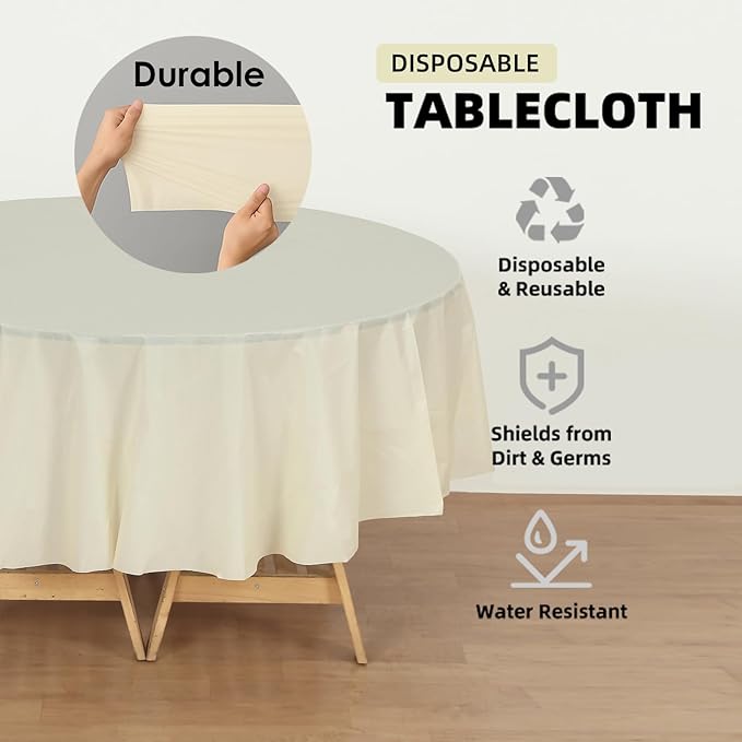 Craft And Party 12-Pack Ivory Plastic Tablecloths – 84 Inch Round Disposable Table Covers, Heavy Duty & Waterproof for Parties, Events, Banquets, Ivory