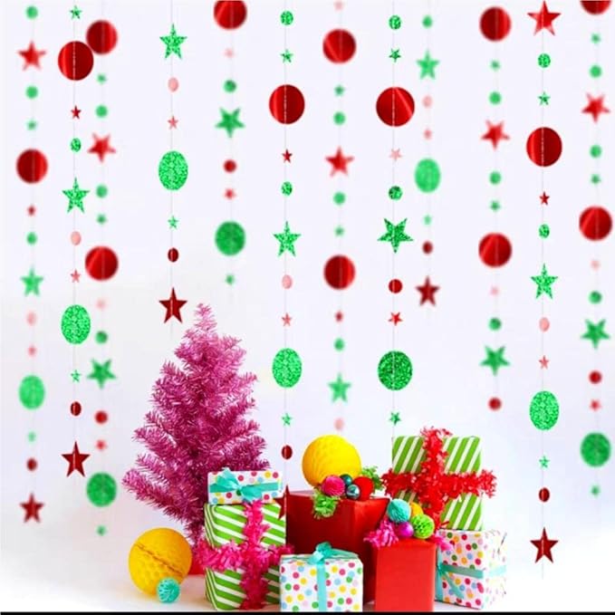 JEYE Red Green Circle Dots Twinkle Star Party Garland Banner Decoration Paper Hanging Streamer Bunting Backdrop Decor for Birthday Wedding Thanksgiving Christmas Decor, Pack of 2, 26 Feet in Total