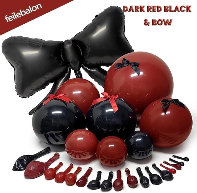 Dark Red Black Balloon Arch Kit with Bow, Double Stuffed Burgundy Black Red Maroon Balloon Garland for Birthday Baby Shower Anniversary Wedding Graduation Valentine‘s Day Party Decoration