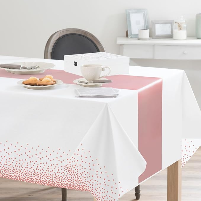 12 Pack Rose Gold Color Tablecloth Table Runner Set, Disposable Tablecloth, White & Rose Gold Dot Pink Satin Table Runner for Wedding Birthday Anniversary Party Decorations