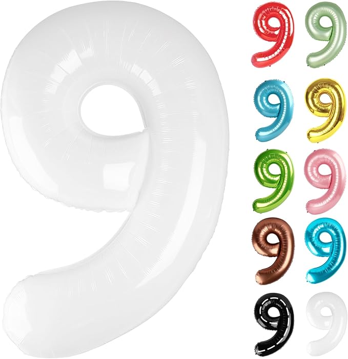 White Number 9 Balloon 40 Inch, 9 Balloon Number, 9th Birthday Decorations, White Party Supplies for Boys Girls