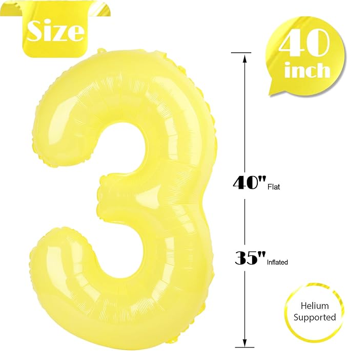 Yellow Number 3 Balloon 40 Inch, 3rd Birthday Celebration Supplies for Girls Boys Women Men, 3 Balloon for Girls Boys Theme Party