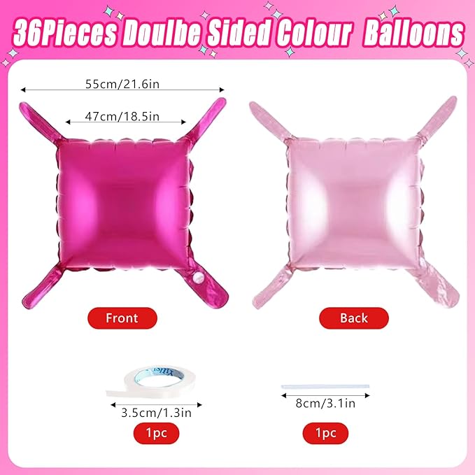 36 Pcs Hot Pink Double Sided Square Foil Balloon Wall Backdrop Metallic Pink Balloons Backdrop Tunnel Arch Kit Mylar Square Balloons for Bachelorette Engagement Wedding Birthday Party Decorations