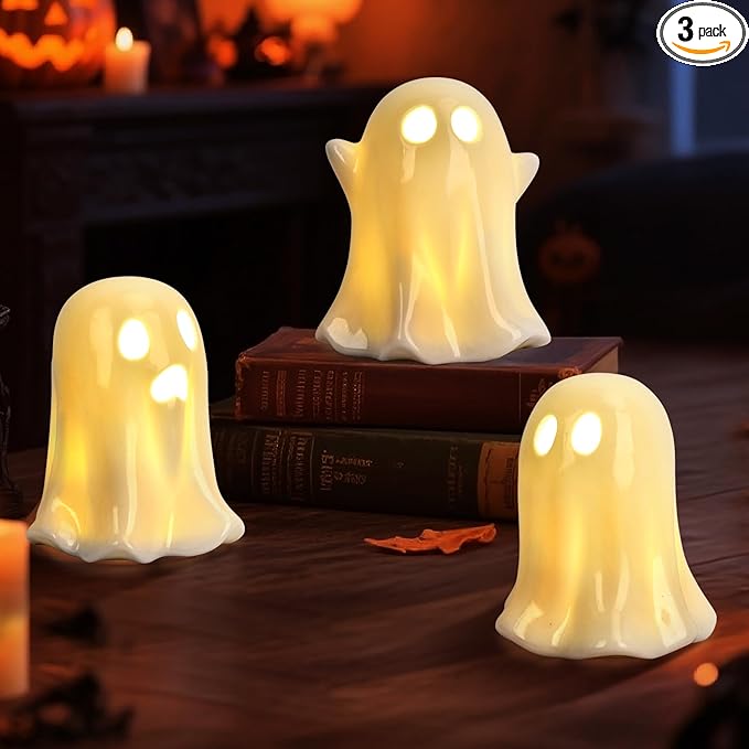 Ghost Halloween Decor - 3Pcs Ceramic Halloween Ghost Decorations Indoor, Light Up Glazed White Ghost Figurines Cute Ceramic Ghost Sculpture for Halloween Night Light Table Tray Decor