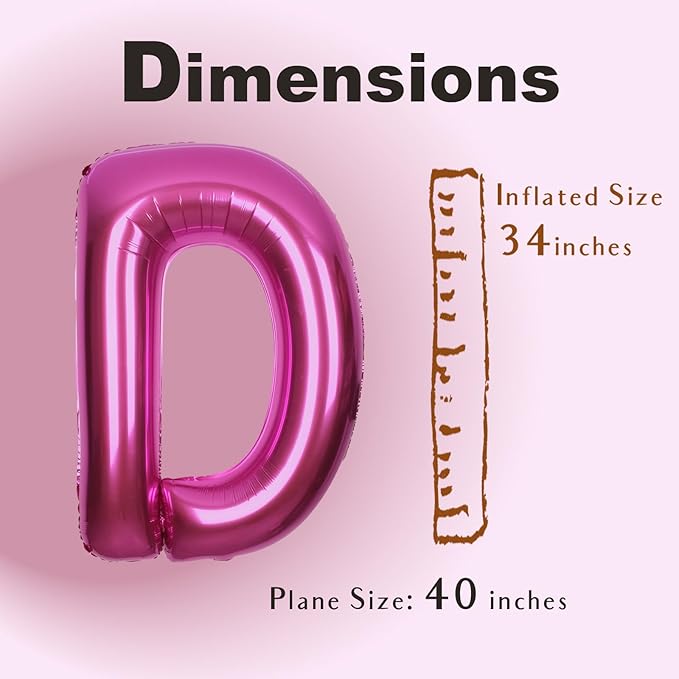 SUWEN 40 Inch Hot Pink Large D Letter Balloons Big Foil Helium Letter Balloons A-Z Jumbo Mylar Happy Birthday Party Decorations for Woman Anniversary Party Supplies