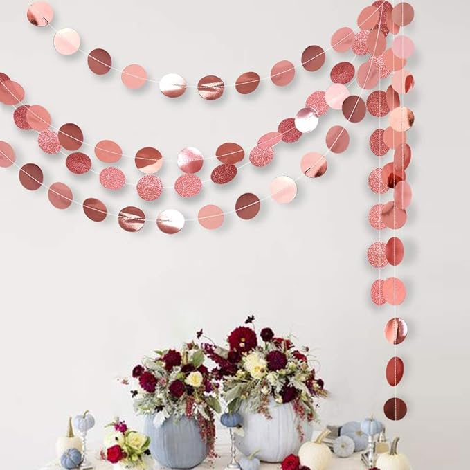 Cheerland Glitter Rose Gold Circle Dot Garlands for Christmas Decorations Rose Gold Party Decorations Hanging Banner Streamer Backdrop Decor Bday Bridal Shower Bachelorette EID Graduation Supplies