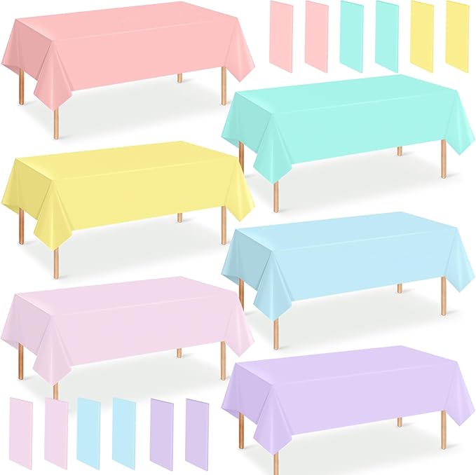 12Pcs Pastel Tablecloths, Rainbow Mix Color Plastic Tablecloth Disposable Rectangle Table Covers for Baby Shower,Bridal,Wedding, Easter,Birthday and Ice Cream Party Decoration, 54 x 108 Inch