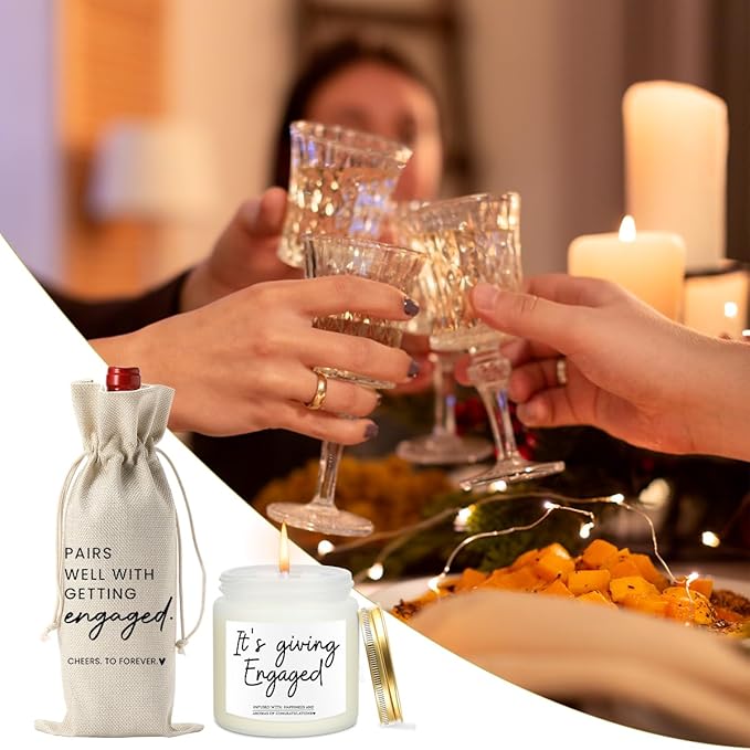 Engaged Engagement Gifts for Couples Her Engagement Party Decorations Bridal Shower Decorations Wine Bag Scented Candles Set Cheers To Forever Wine Bag It's Giving Engaged