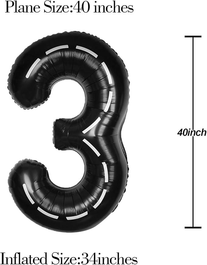 Race Car 40Inch Black 3 Balloon Number Large Helium Race Track 0-9 Giant Digital 3rd Foil Mylar Big Party Number Balloons for Boy Birthday Car Theme Party Anniversary Graduation Decorations