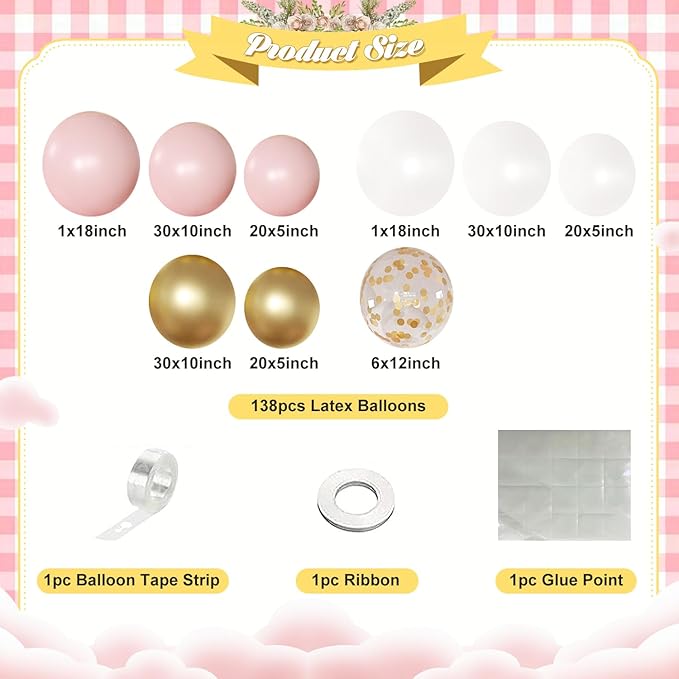 Pink and White Balloon Arch Kit, 138 Pcs Pink and Gold Balloon Garland Arch Kit Include Pastel Pink White Gold Confetti Balloons for Birthday Baby Shower Wedding Bridal Shower Party Decorations