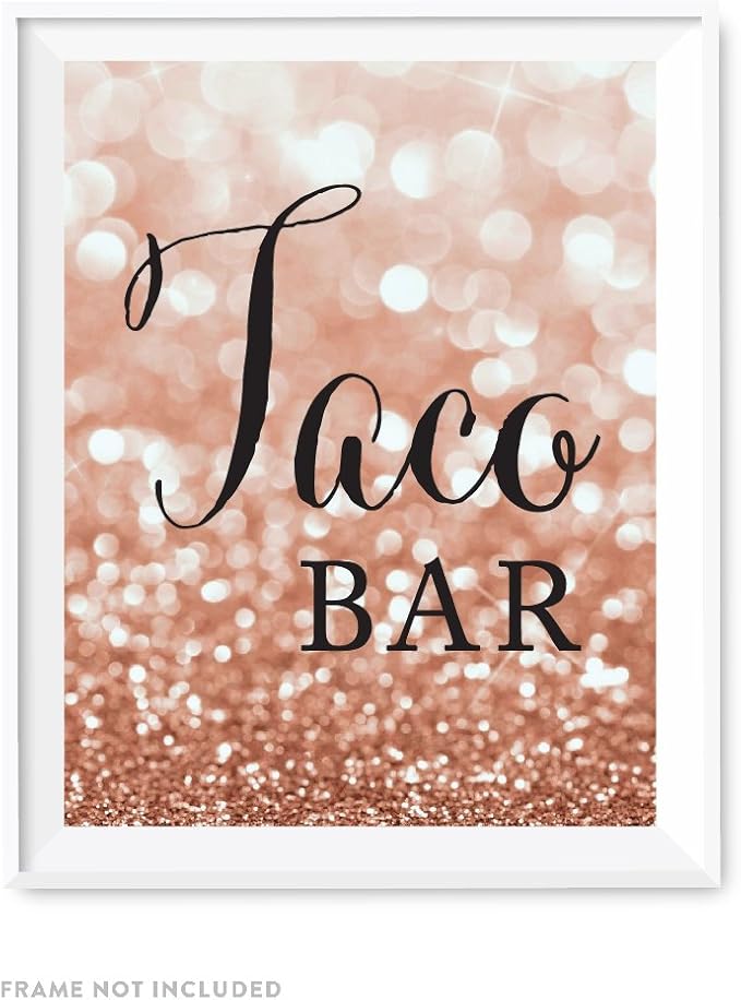 Andaz Press Wedding Party Signs, Glitzy Rose Gold Glitter, 8.5x11-inch, Taco Bar, 1-Pack, Bokeh Colored Party Supplies