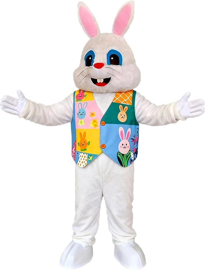 Easter Bunny Mascot Costume Blue Vest Unisex Deluxe Rabbit Costume Party Adult Size Fancy Dress