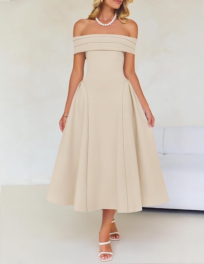 ZESICA Summer 2026 Cocktail Dresses for Women's Off Shoulder Short Sleeve Swing A Line Wedding Evening Party Midi Dress