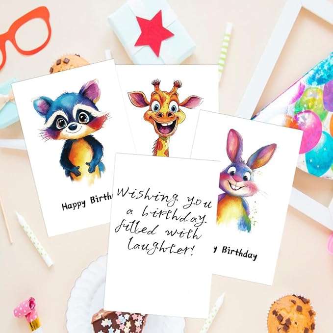 Birthday Cards Pack of 12,Birthday Cards Bulk for Women Men Kids Assorted Birthday Greeting Cards for Kids Assortment, 12 Card with Envelopes (Cartoon animals)