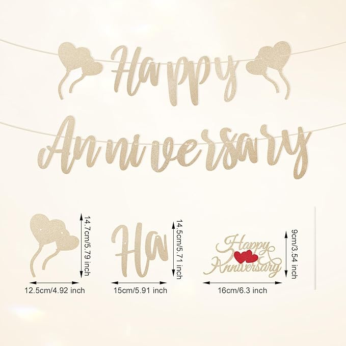 Happy Anniversary Banner & Cake Topper, Champagne Gold Anniversary Banner Decoration Set Pre-Strung Romantic Sign Garland for Wall Porch Wedding Party Decoration